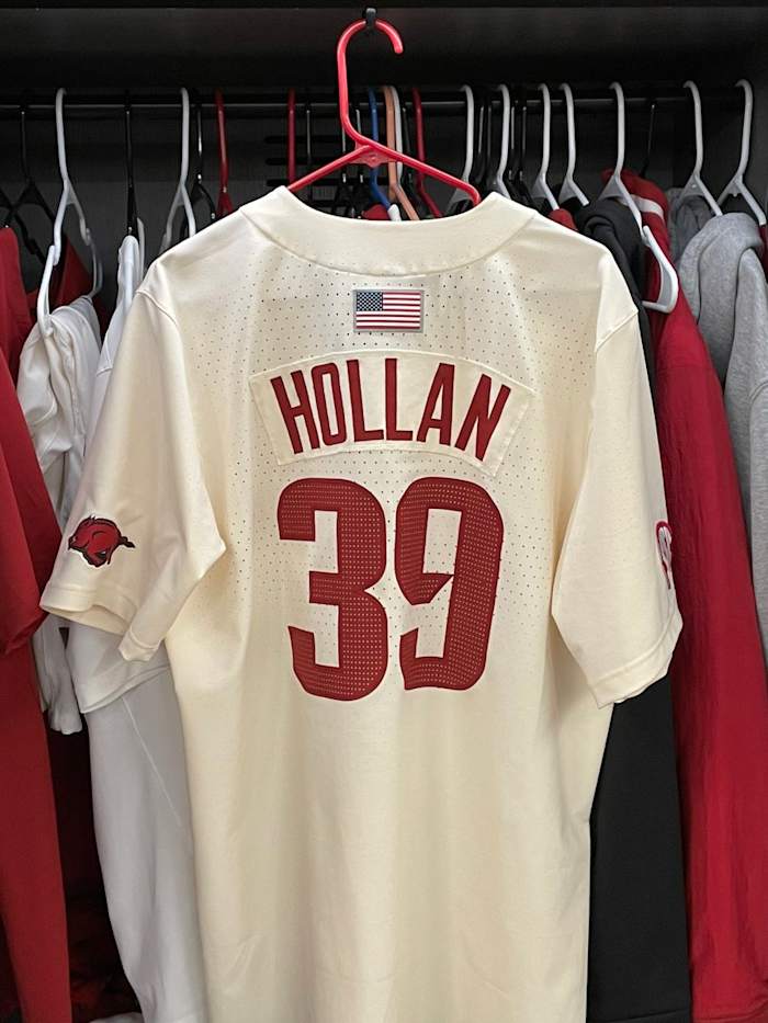Hunter Hollan's jersey hangs in his locker.